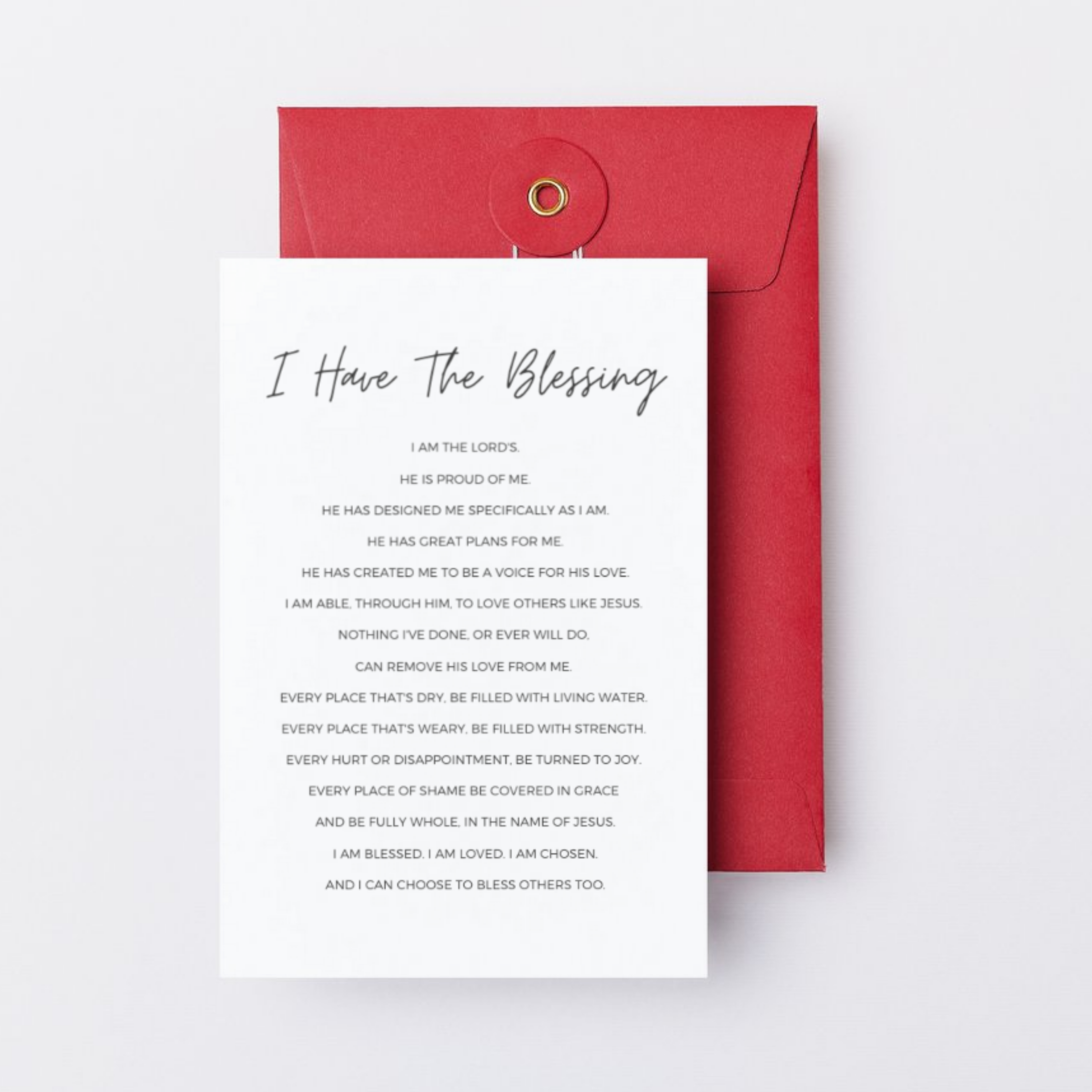 Red envelope with a white card on top of it containing black text on a white background