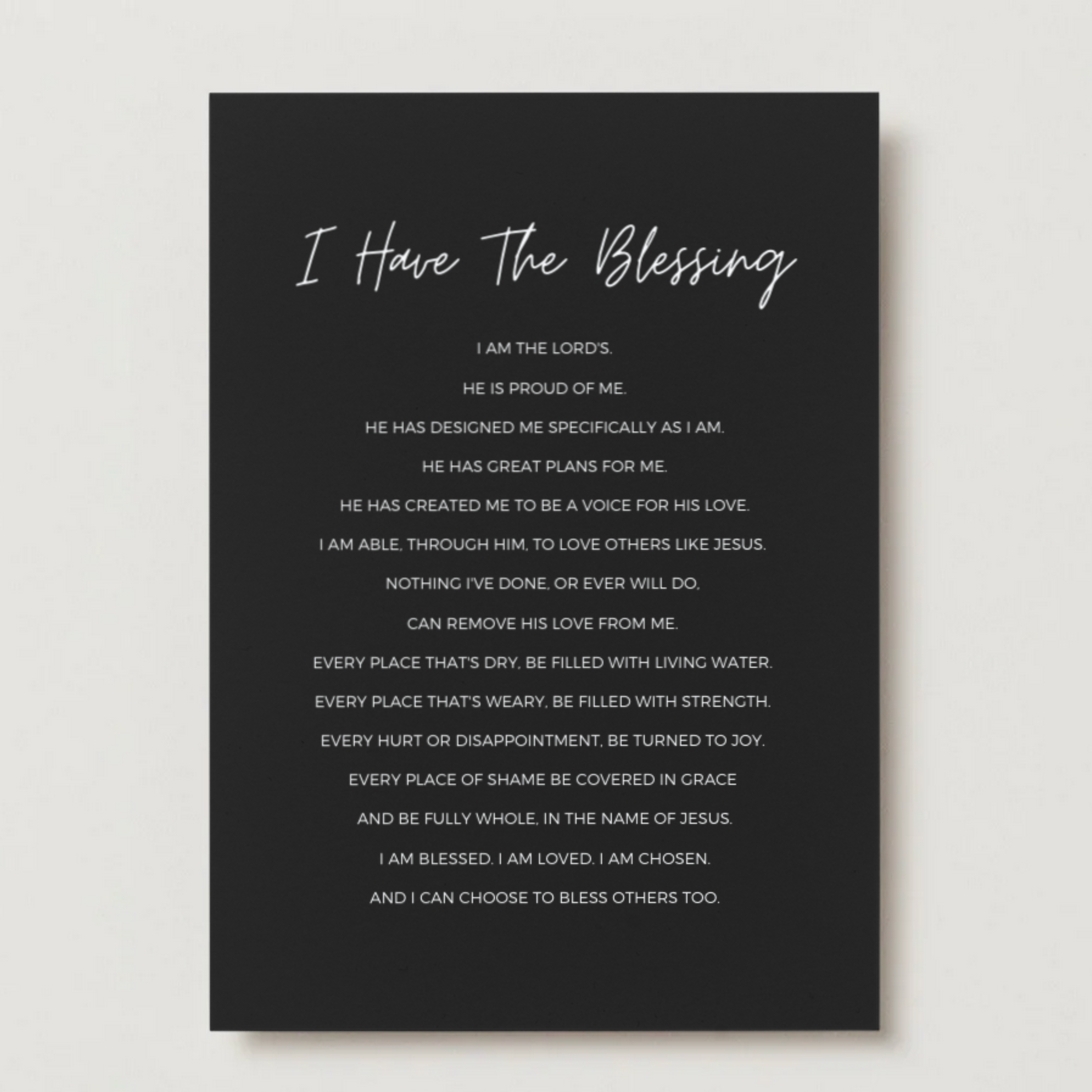 Black 5x7 print with white text, on a white background