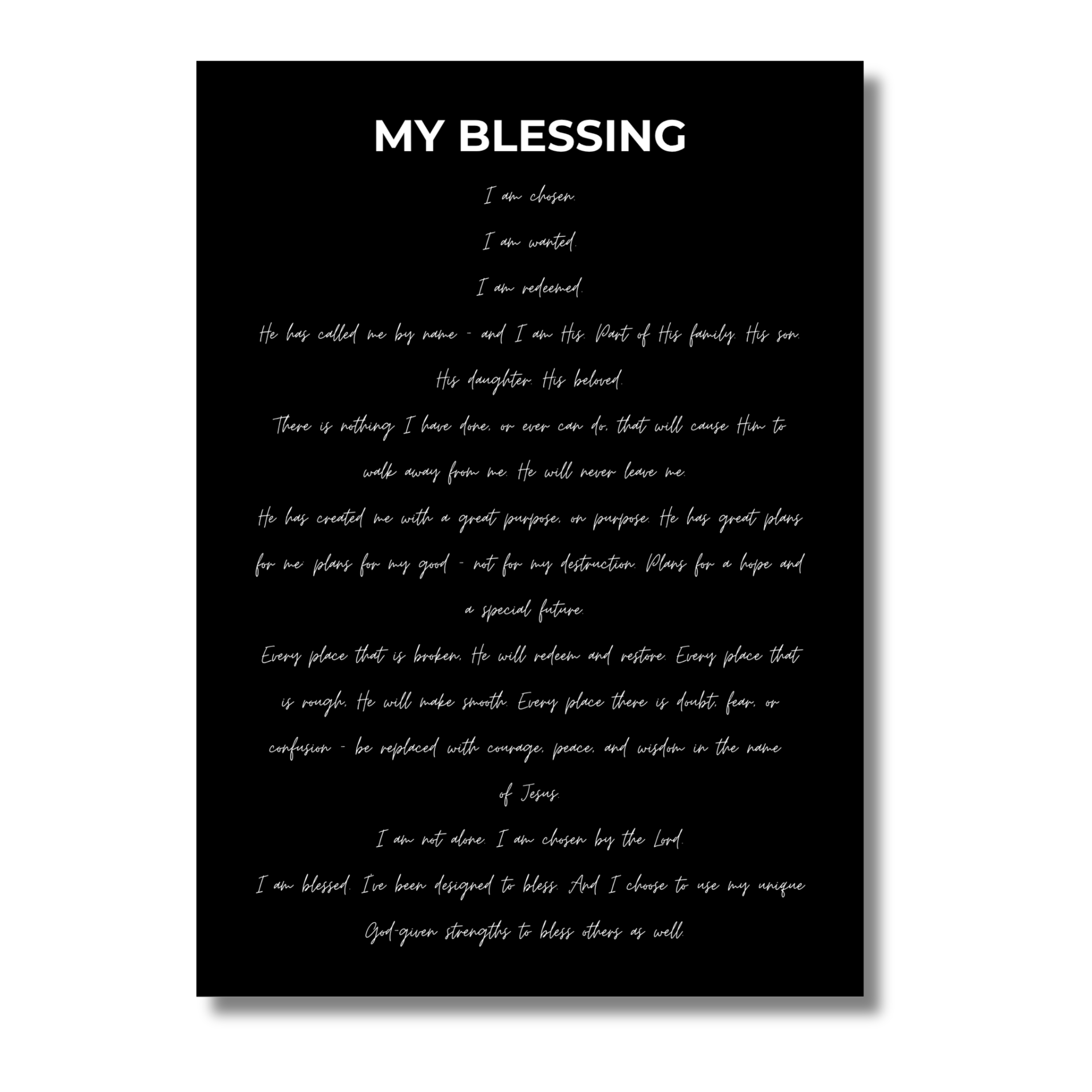 Black 5x7 print with white text and 'My Blessing' at the top