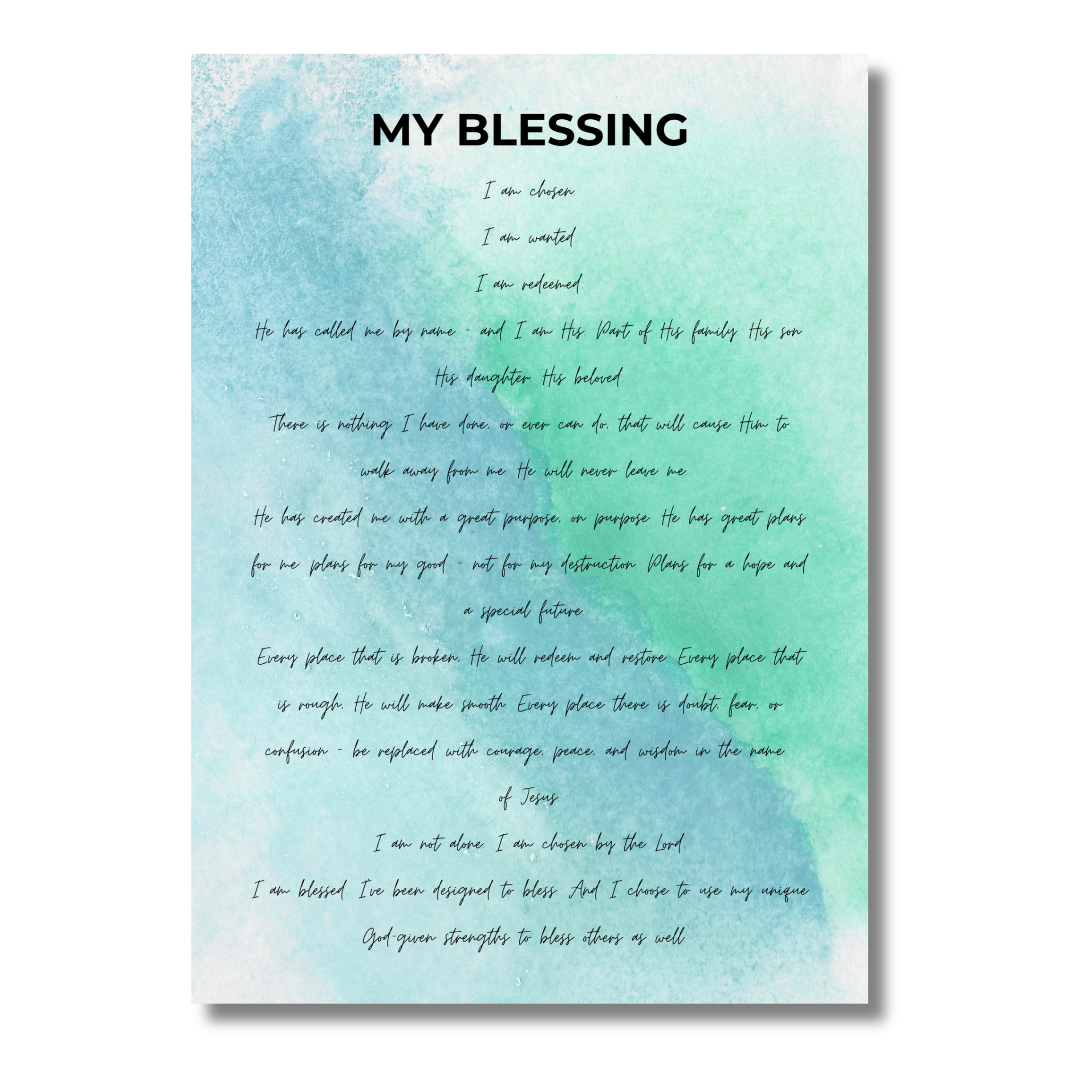 5x7 print with black text titled 'My Blessing' on a watercolor background