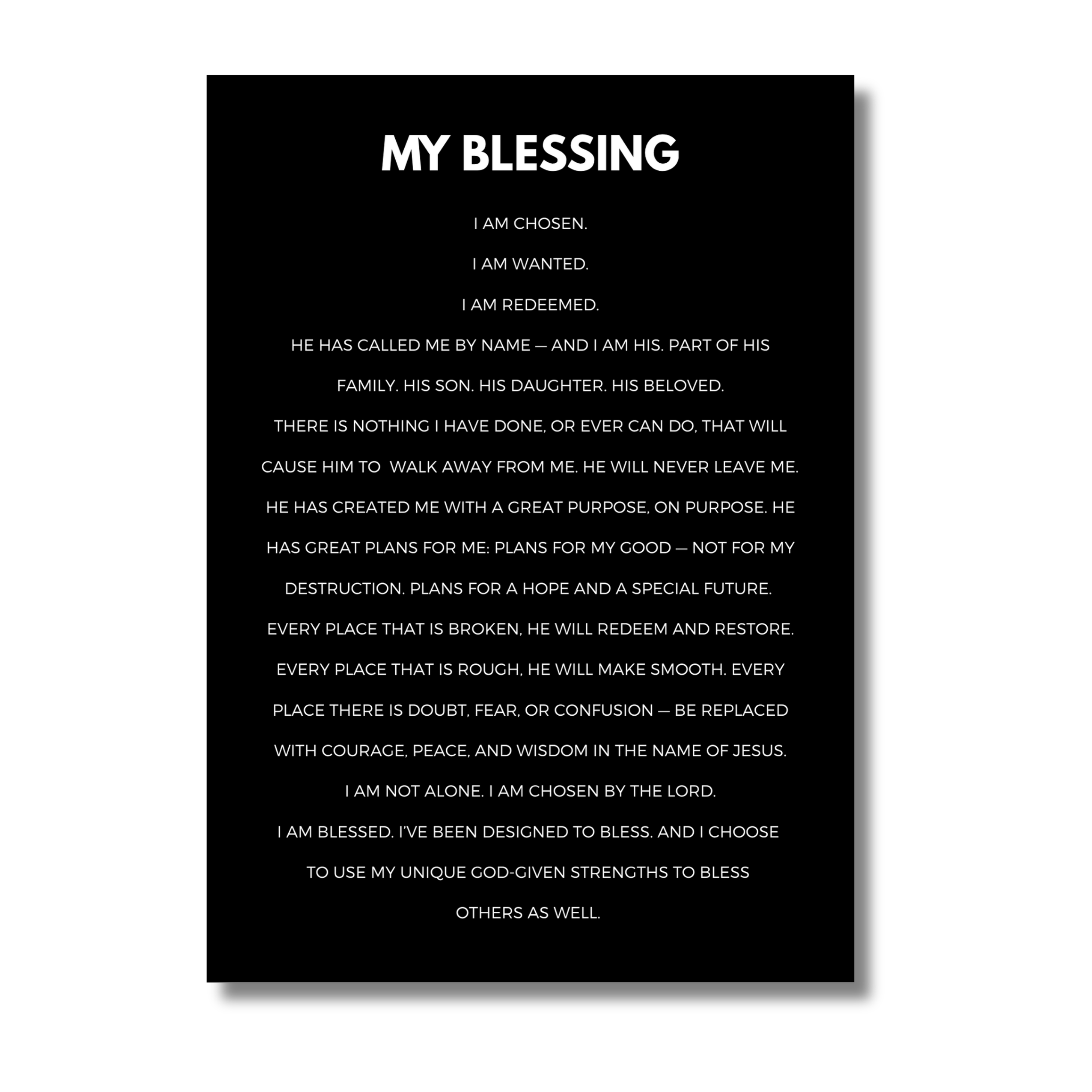 Black 5x7 print with white text titled 'My Blessing' on a white background