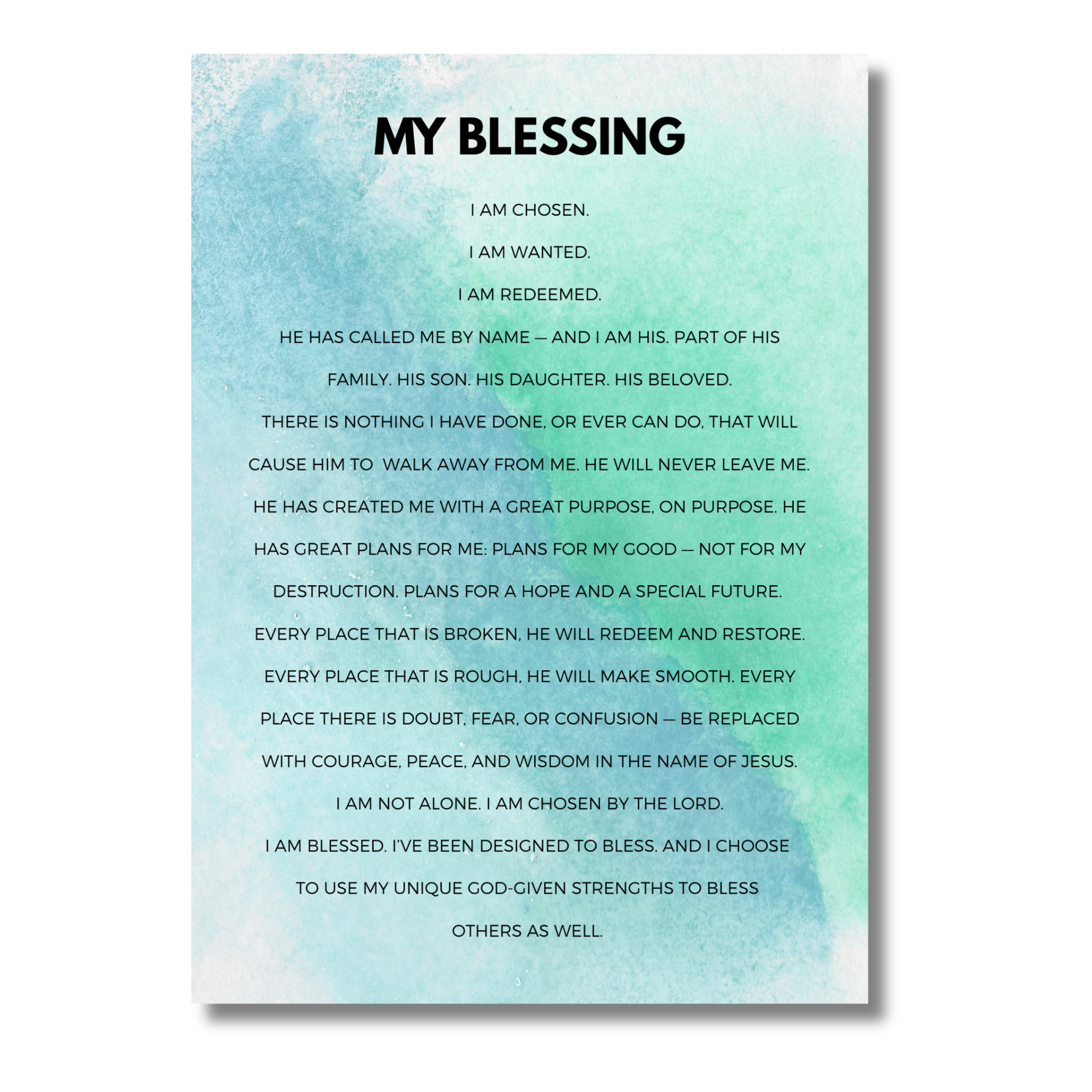 5x7 print titled 'My Blessing' with black text and a blue watercolor background