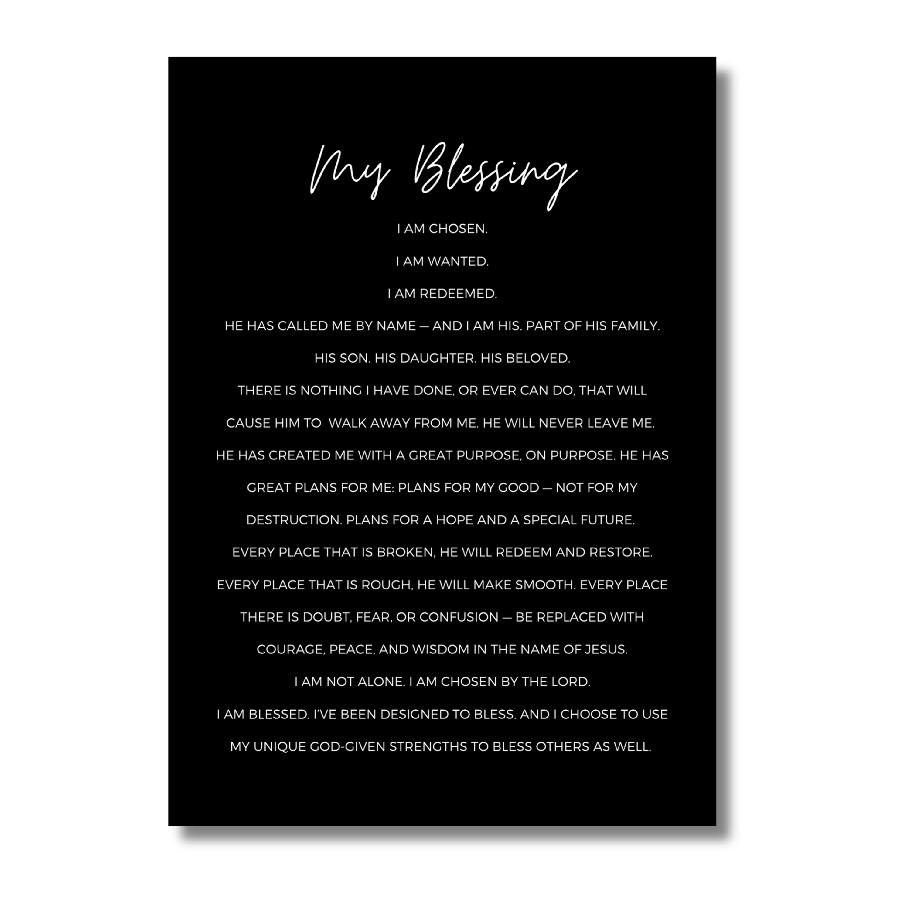 Black 5x7 print with white "My Blessing" text on a white background