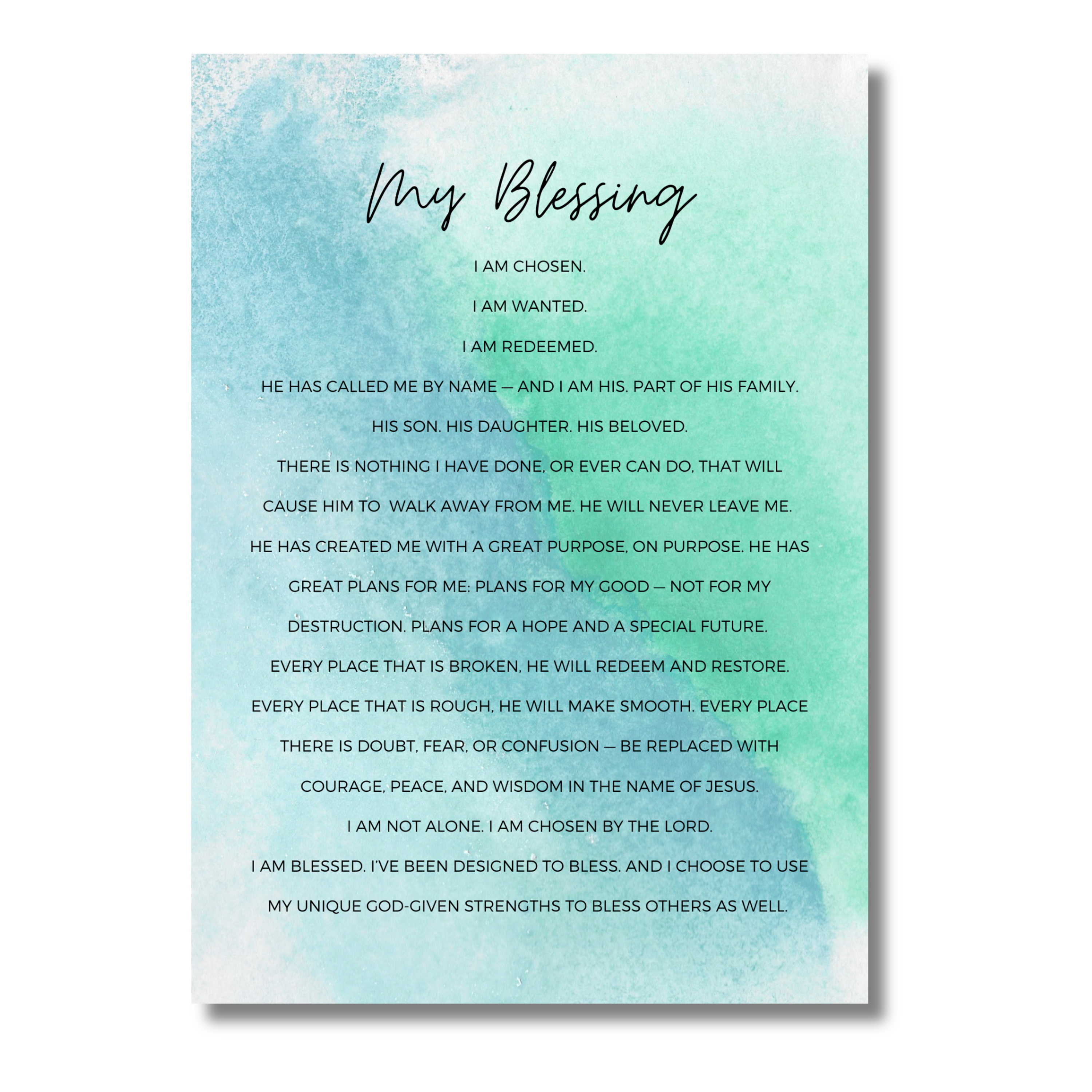 5x7 print titled 'My Blessing' with black text and a light blue watercolor background