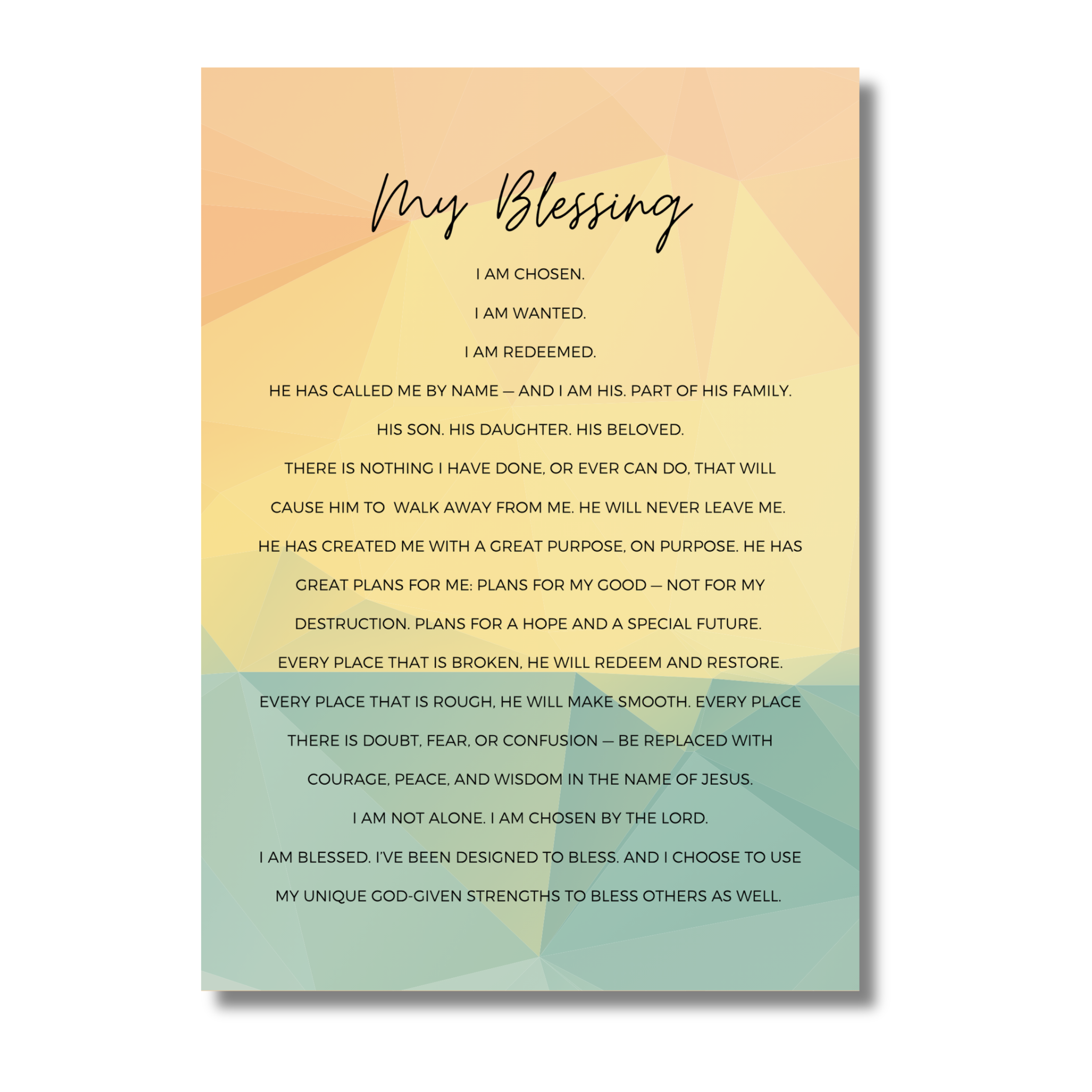5x7 print with 'My Blessing' with a gradient background from peach to green.