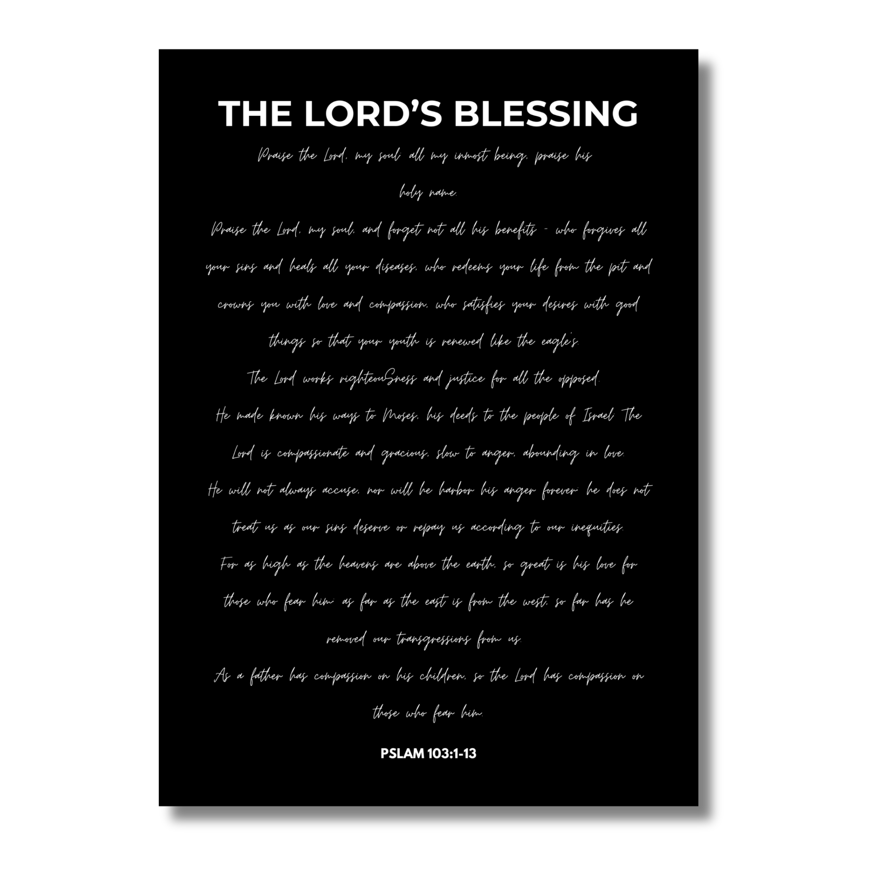 Black 5x7 print with white words titled 'The Lord's Blessing', on a white background
