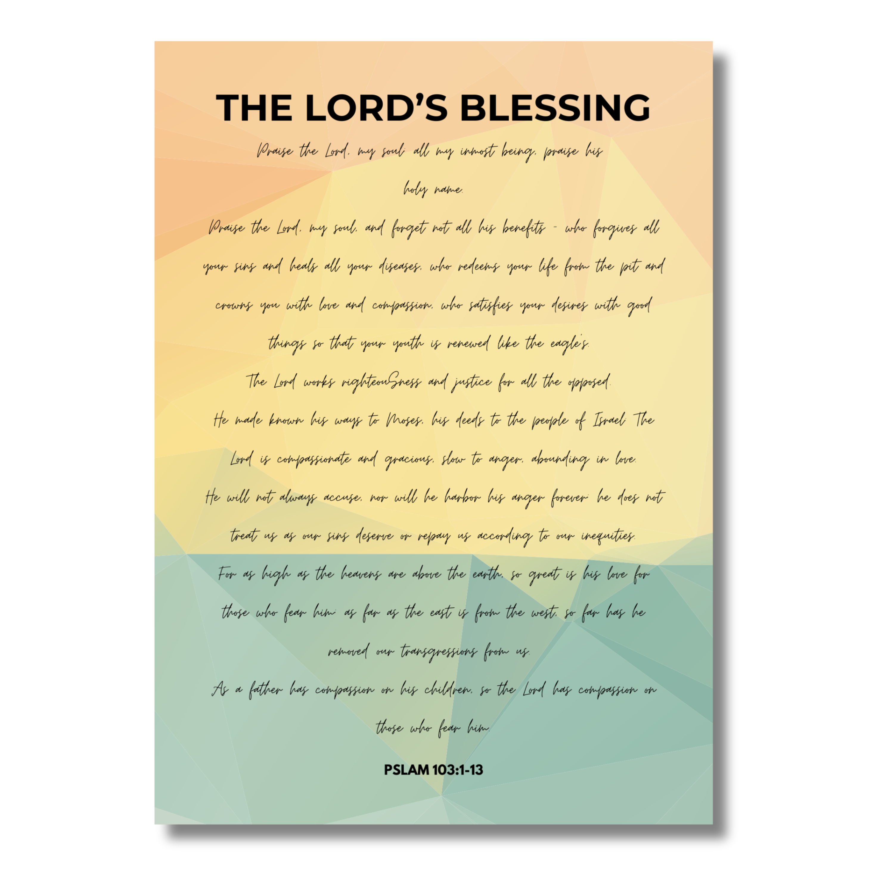 5x7 print with 'The Lord's Blessing' text and Psalm 103:1-13 on a gradient background