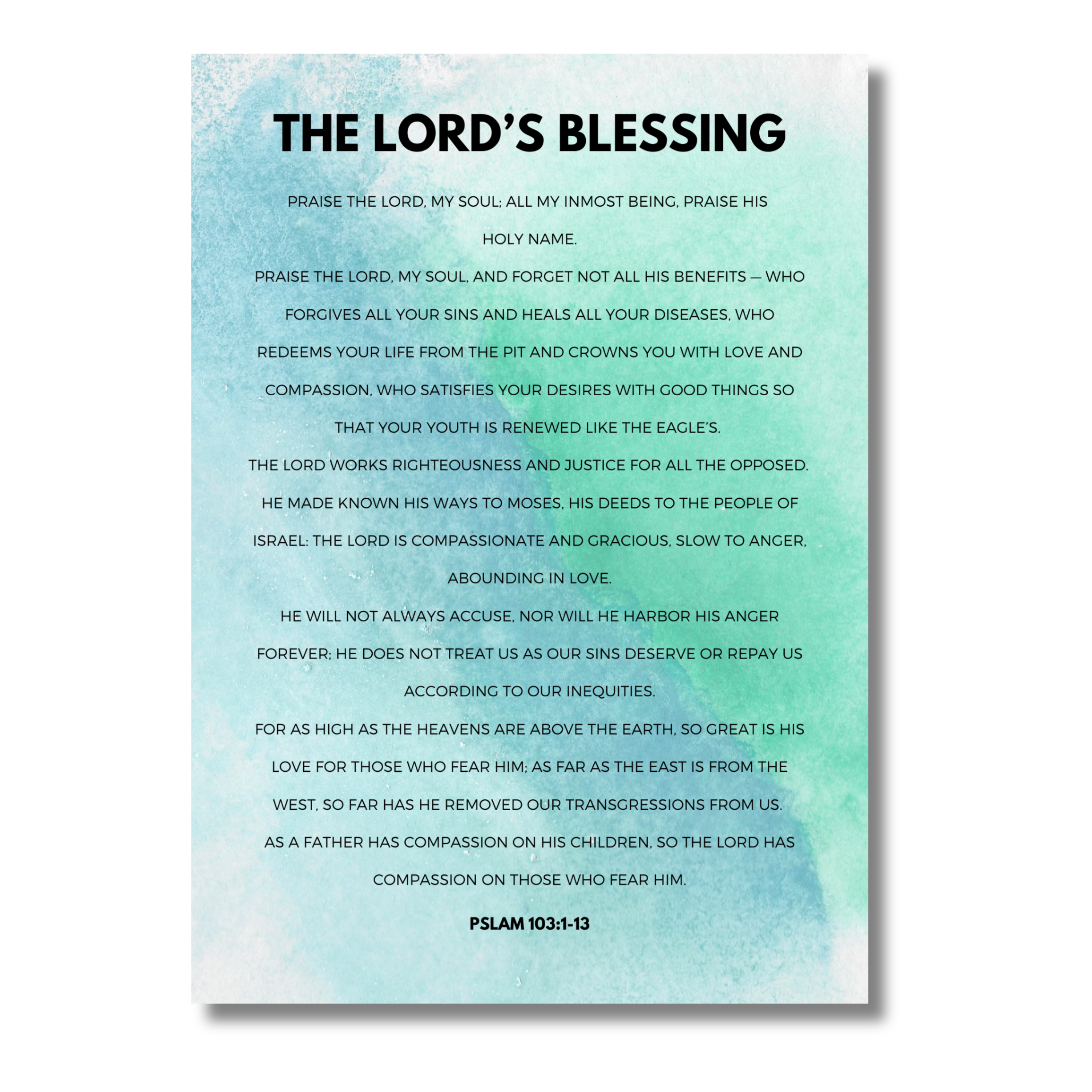 5x7 print with 'The Lord's Blessing' and Psalm 103:1-13 in black text on a light blue background