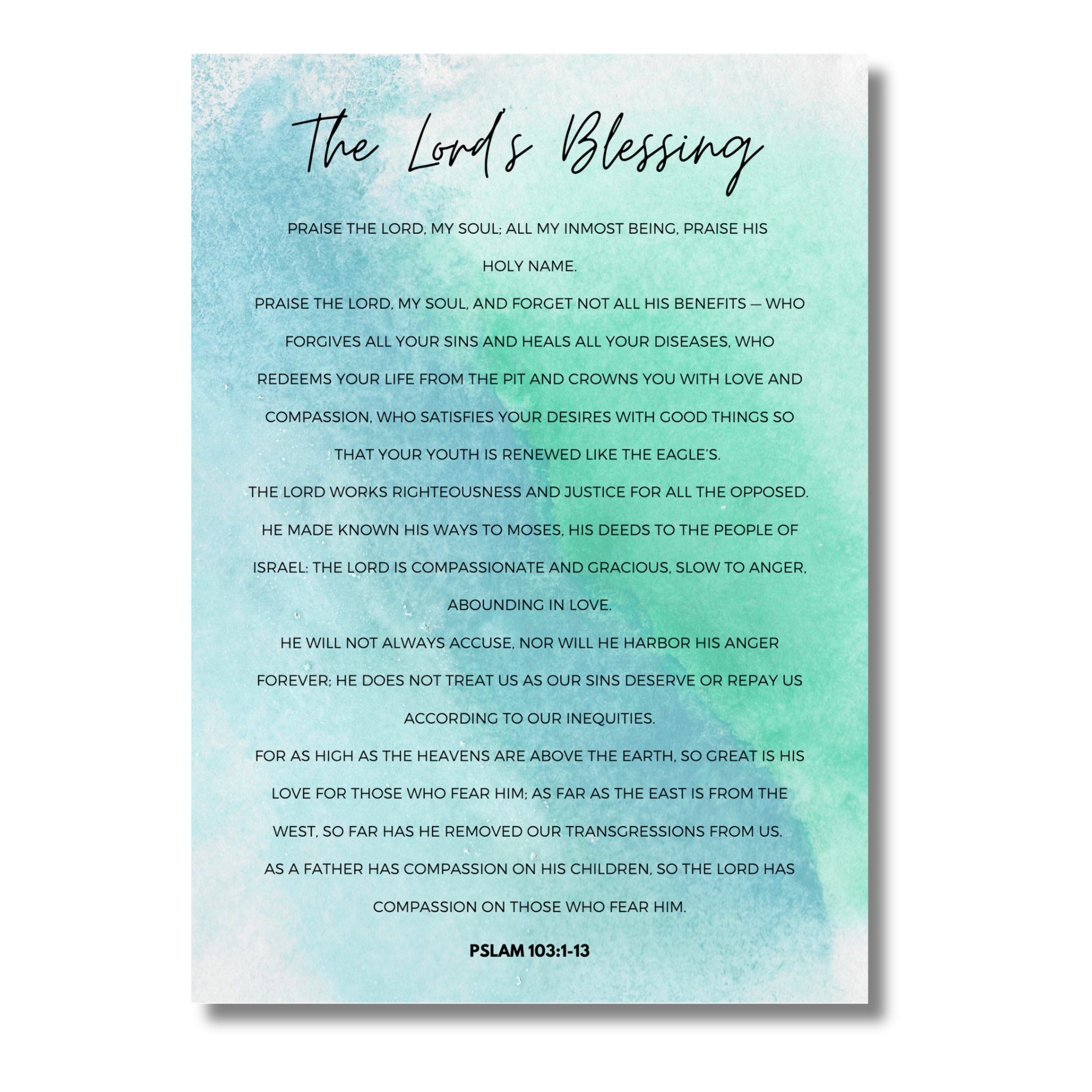 5x7 print with 'The Lord's Blessing' with black text on a light blue watercolor background