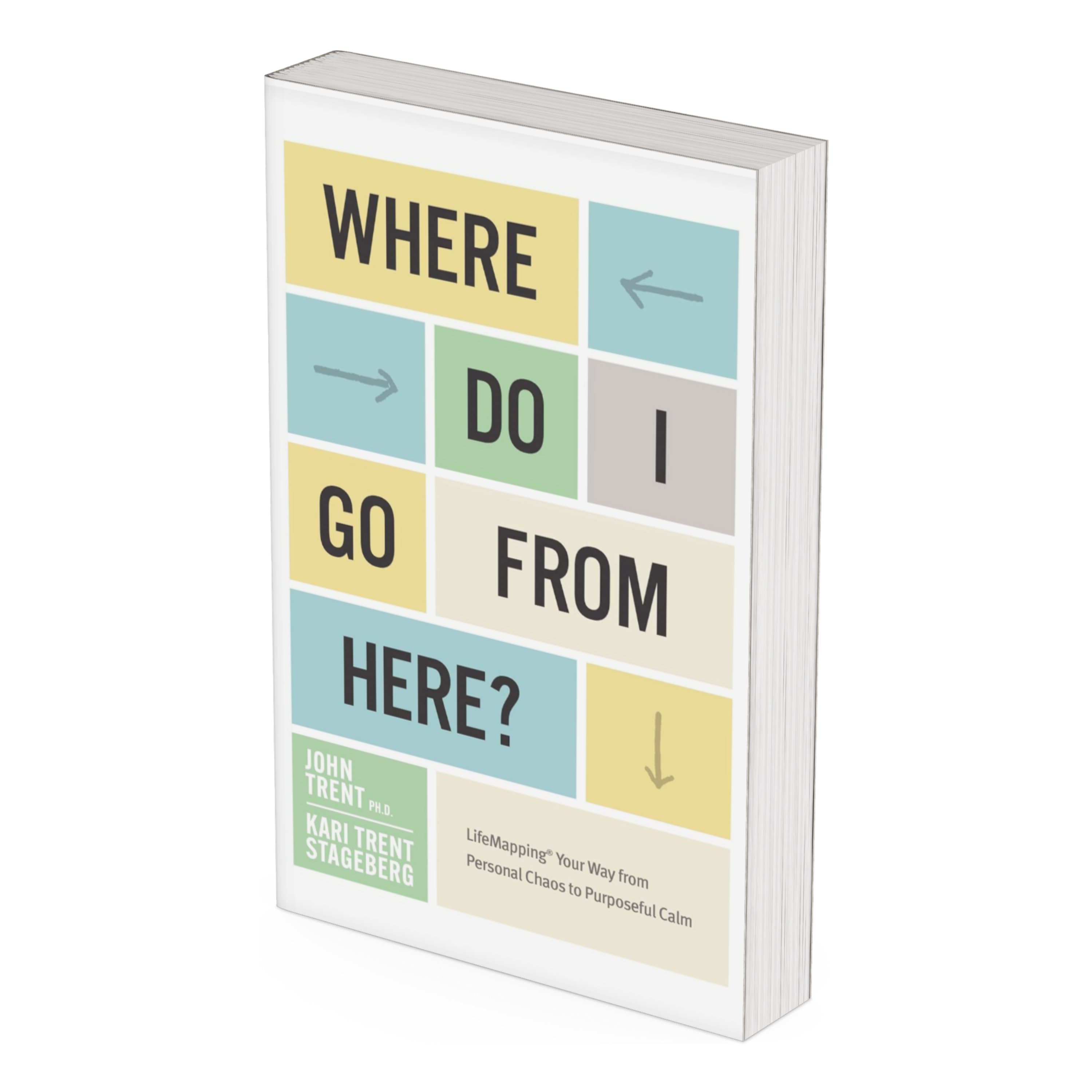 Angle view of the book cover for 'Where Do I Go From Here?' by John Trent and Kari Trent Stageberg, featuring a collage design with various text and arrows on a colorful background.