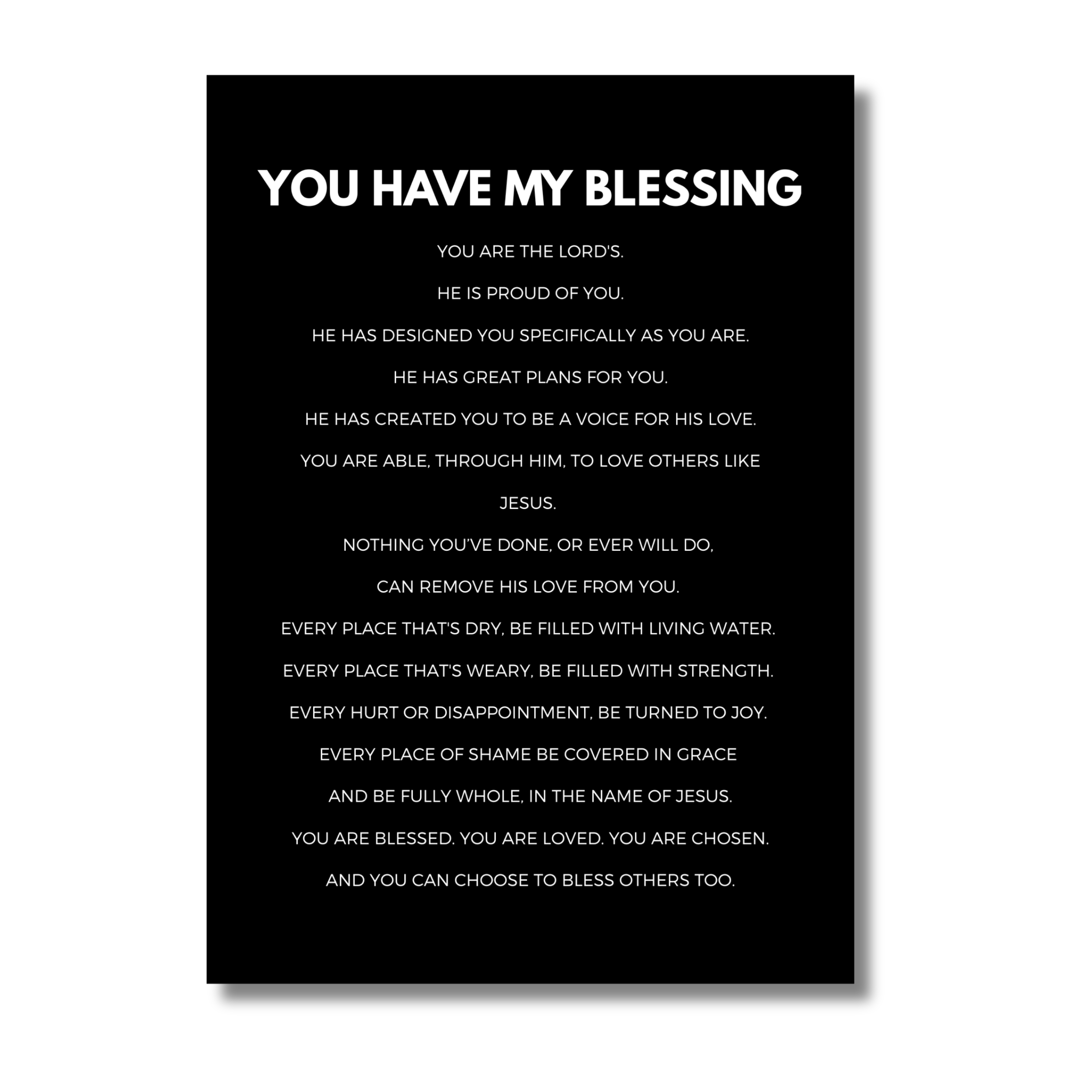 Black 5x7 print with white text, on a white background