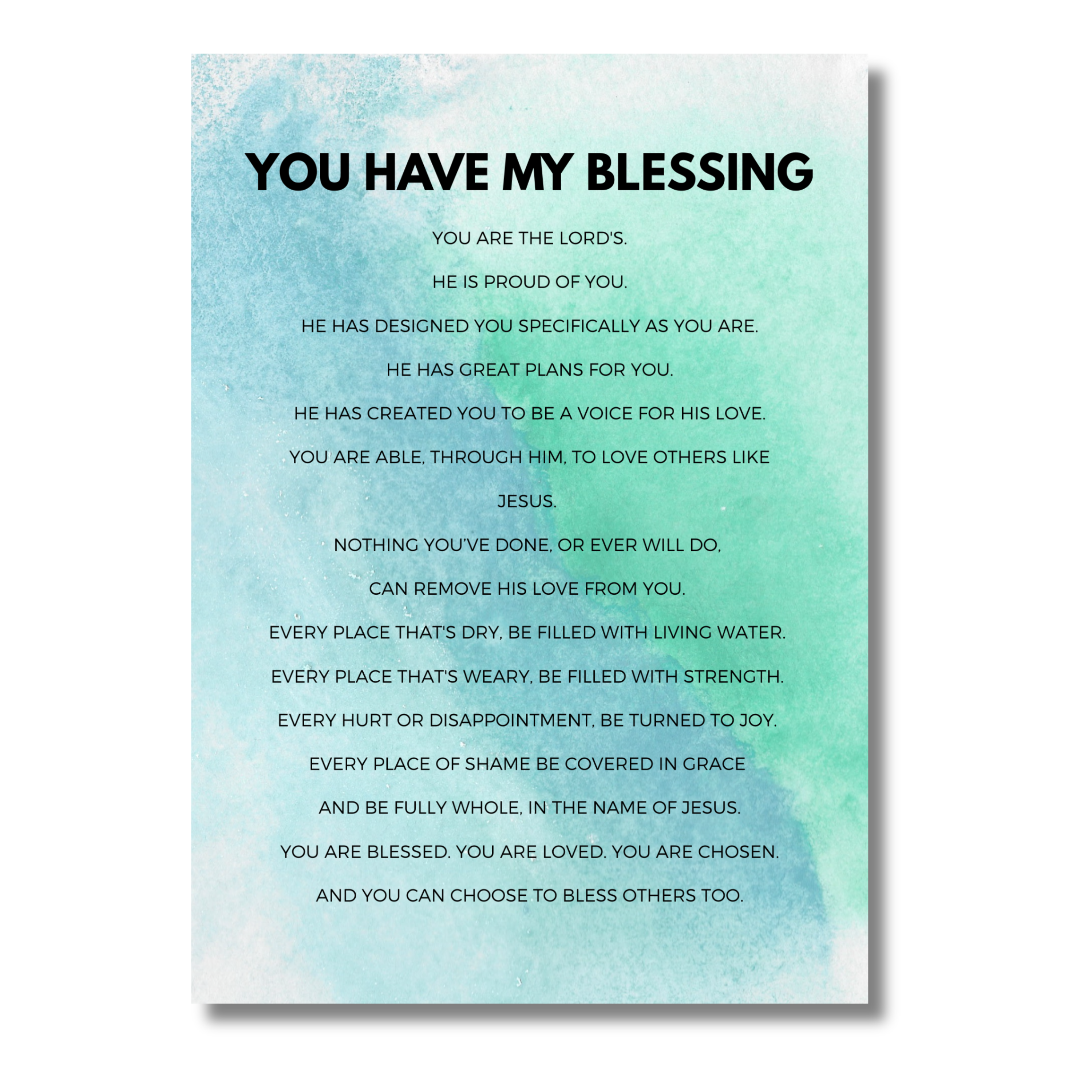 Motivational 5x7 print with black text on a light blue watercolor background
