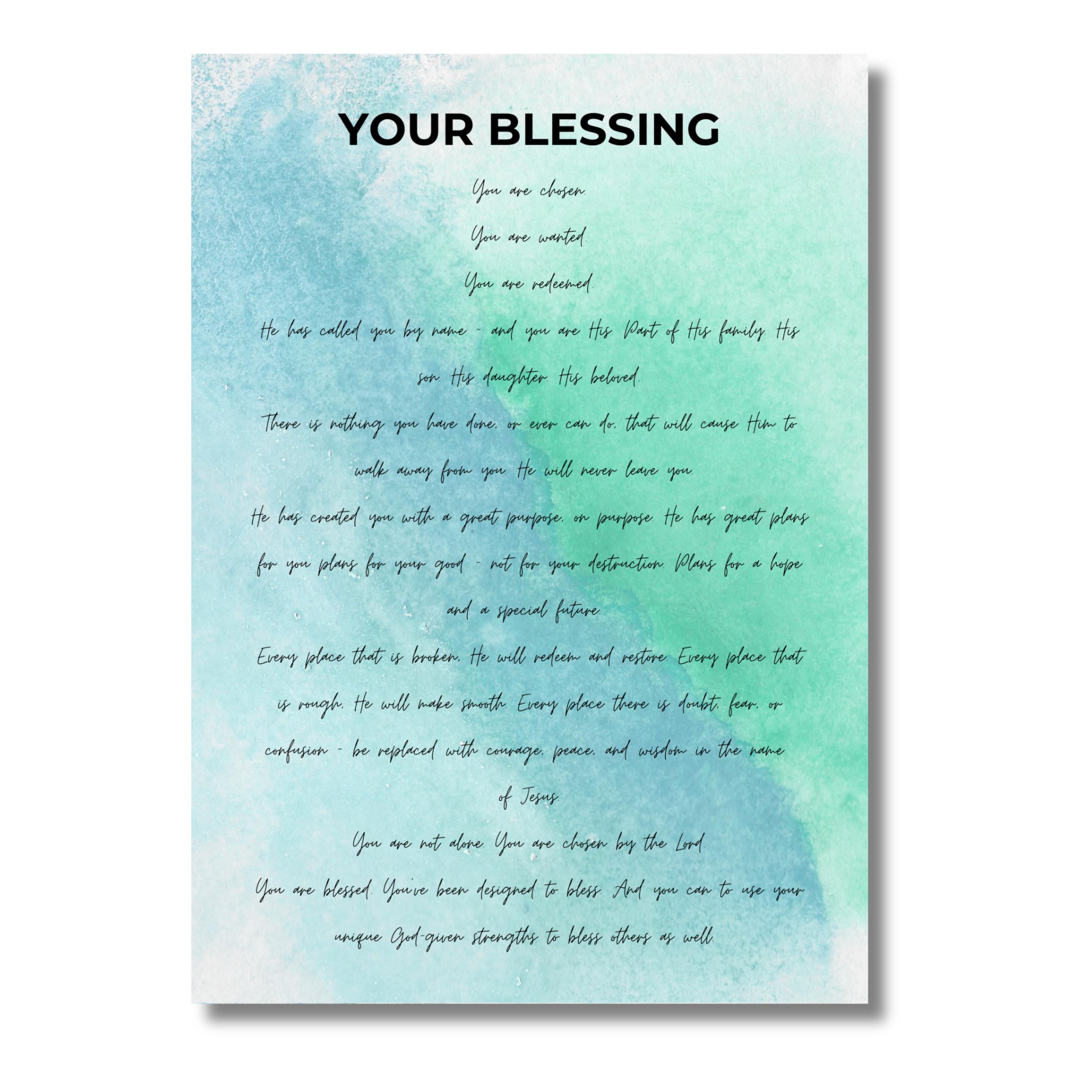 5x7 print titled 'Your Blessing' with black text and a blue watercolor background
