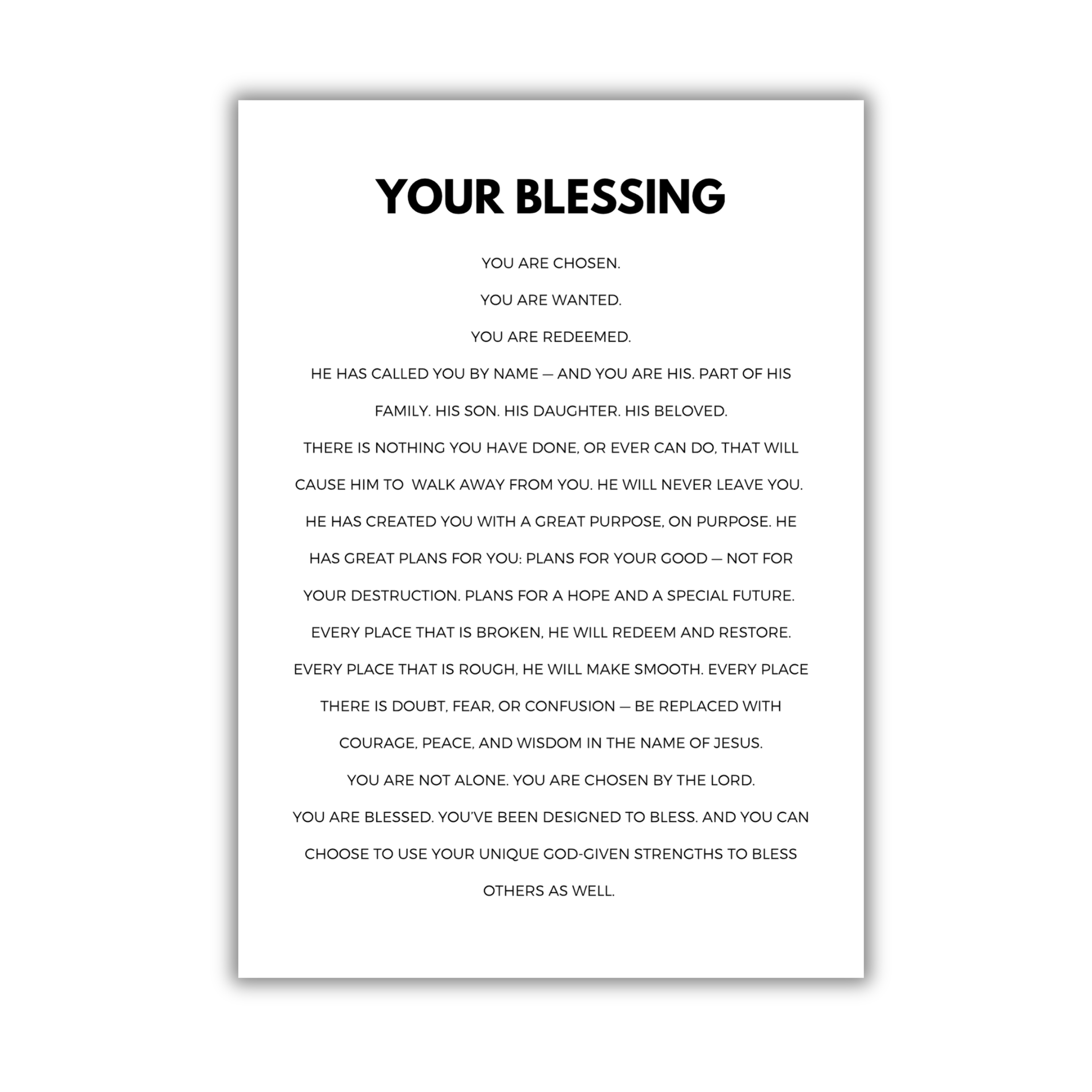 Motivational 5x7 print with text 'Your Blessing' on a white background