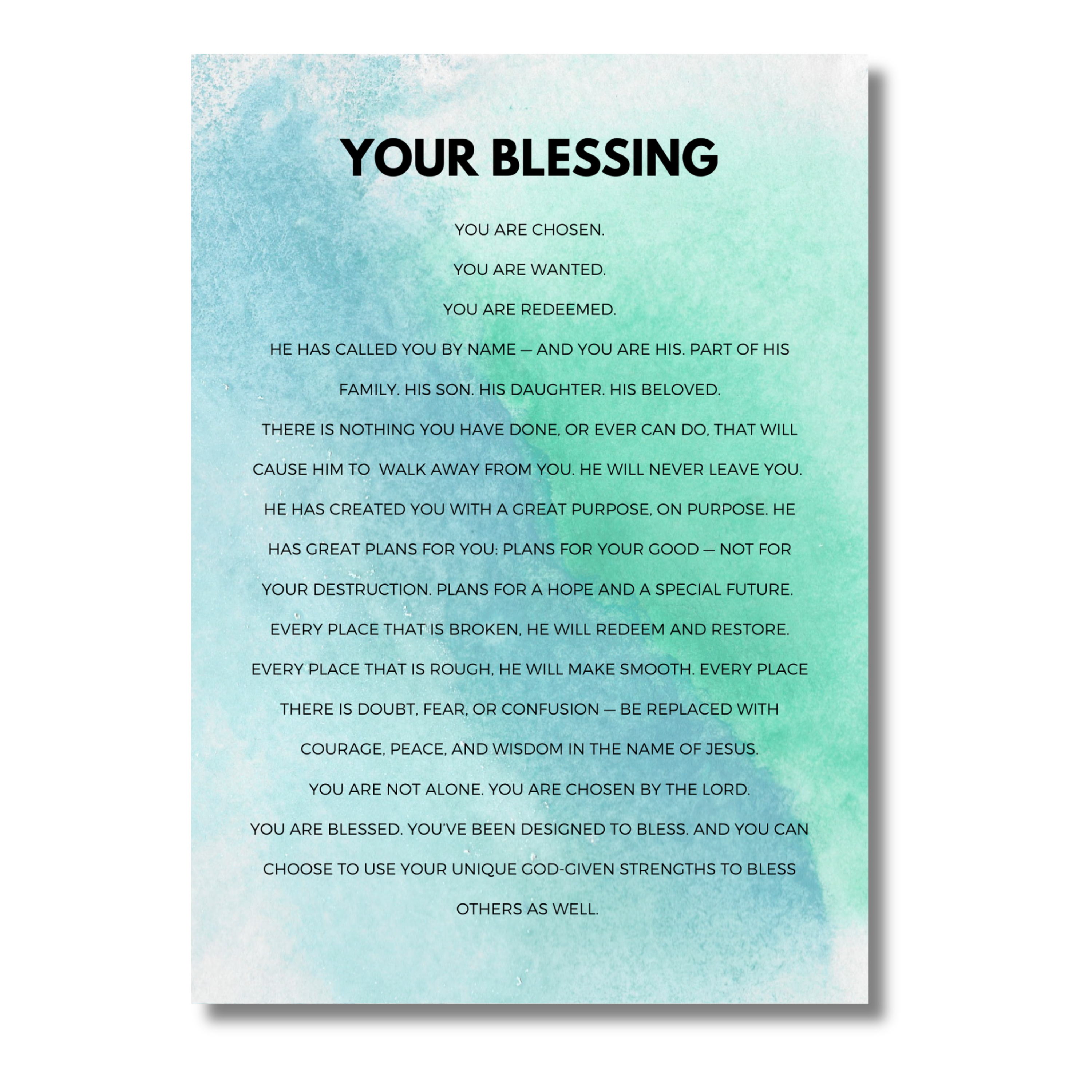 Motivational 5x7 print with 'Your Blessing' and black text on a light blue gradient background