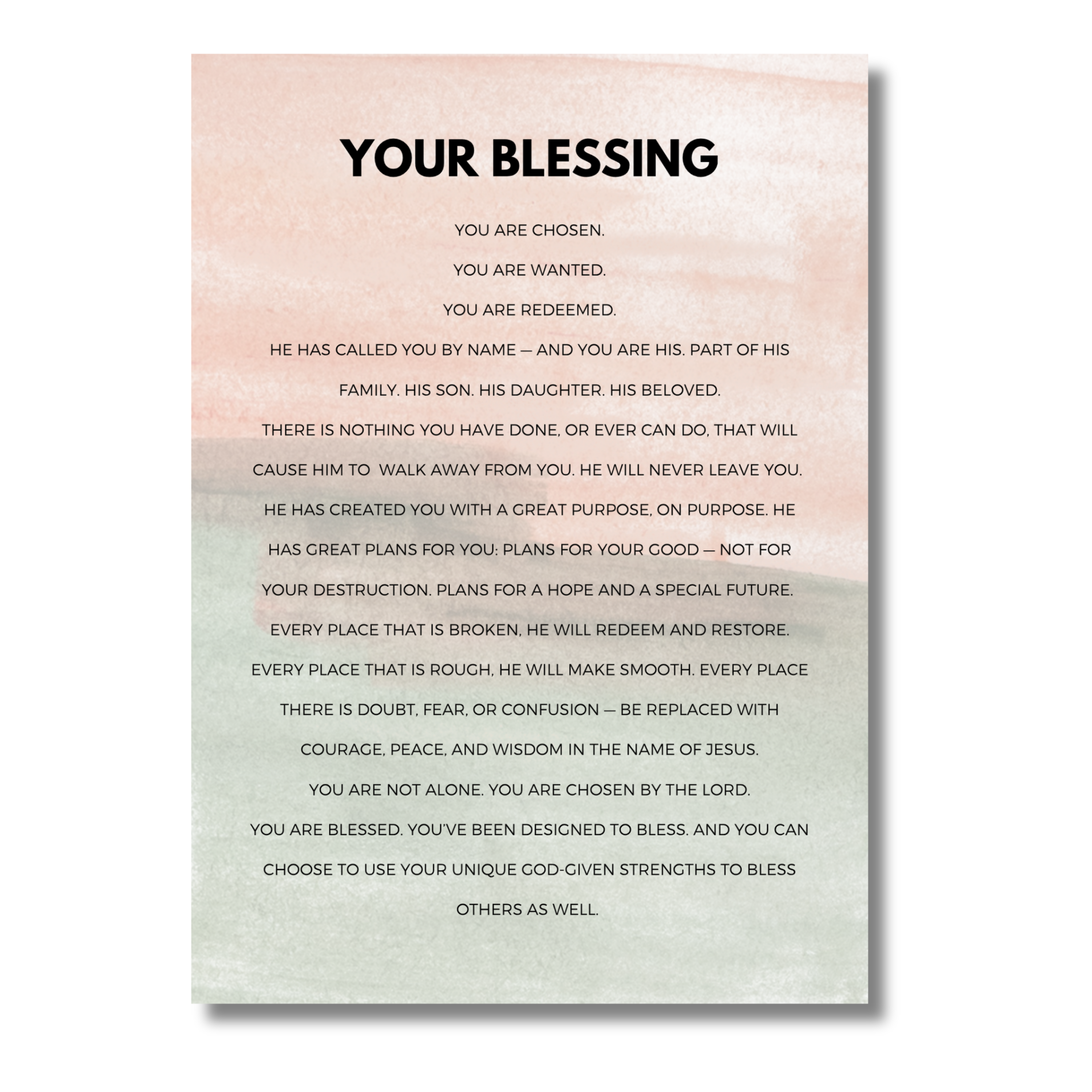 Motivational 5x7 print with text 'Your Blessing' on a gradient background