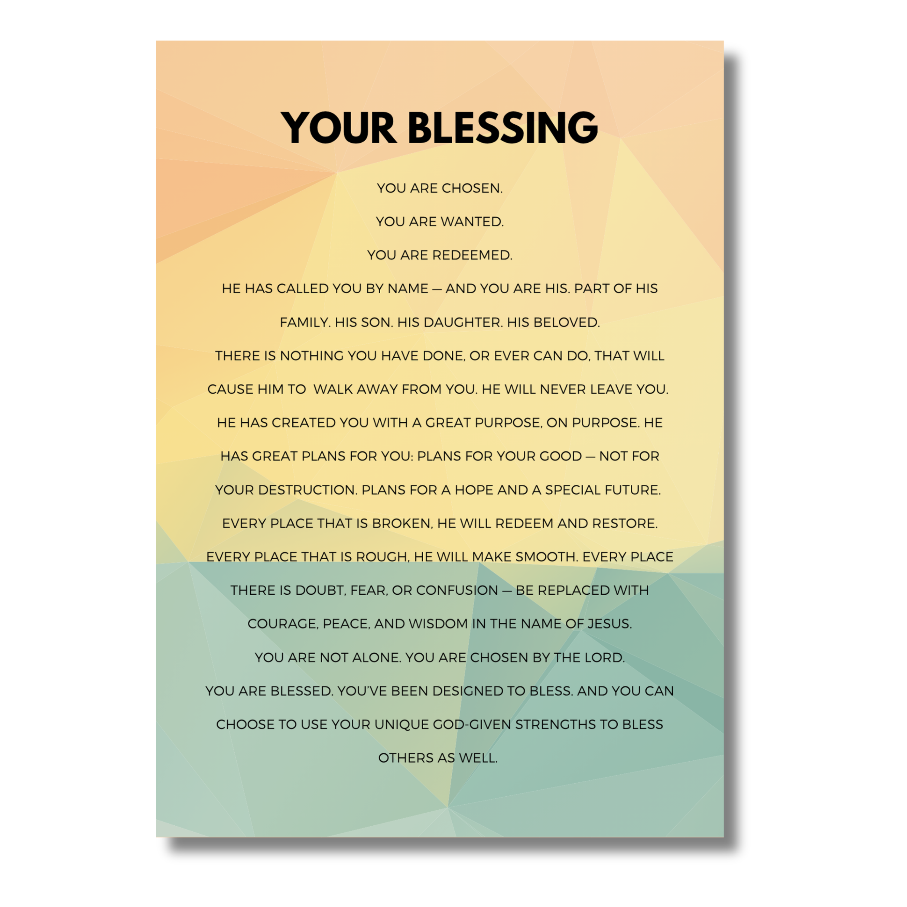 Motivational 5x7 print with text 'Your Blessing' on a gradient background