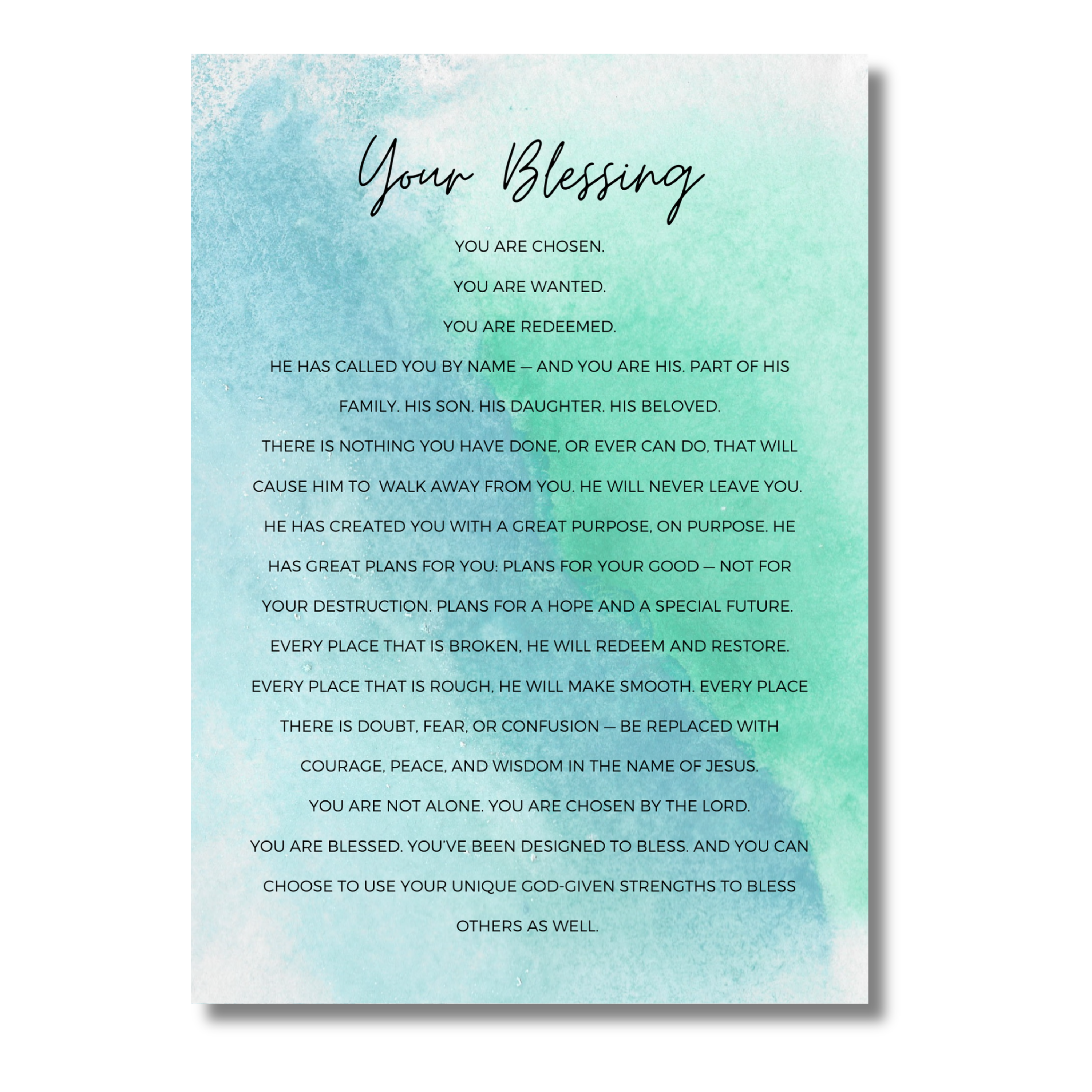 Motivational 5x7 print with black text on a light blue and green gradient background