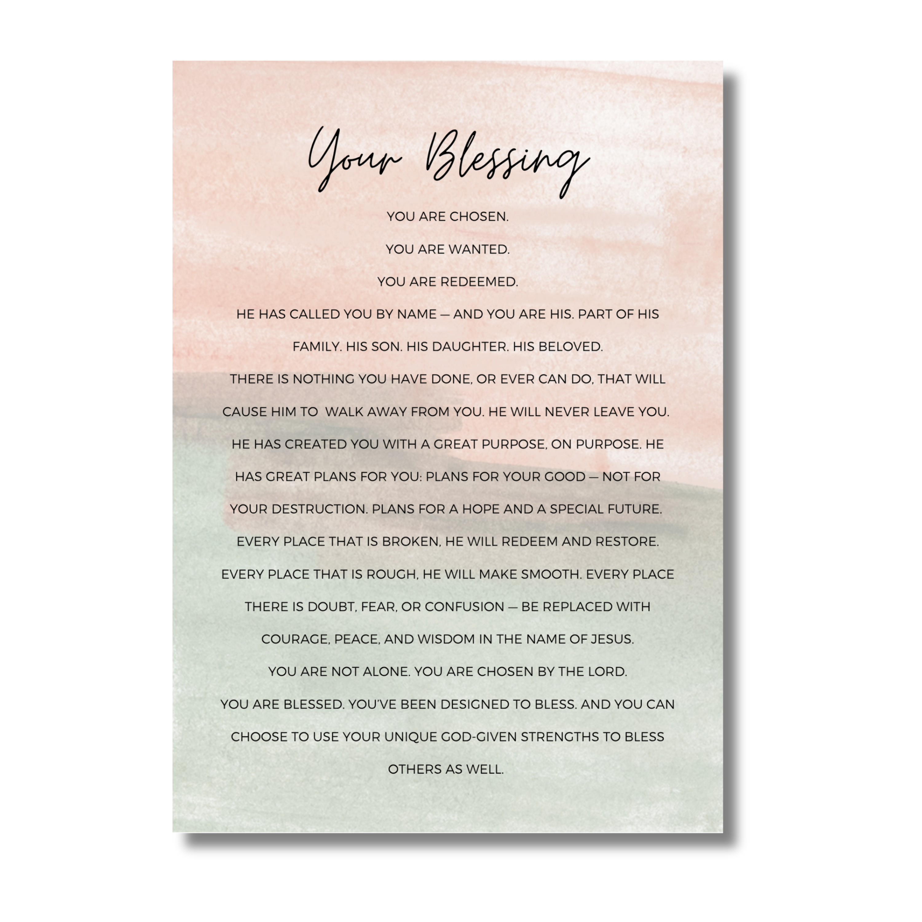 Motivational 5x7 print with text 'Your Blessing' on a gradient background