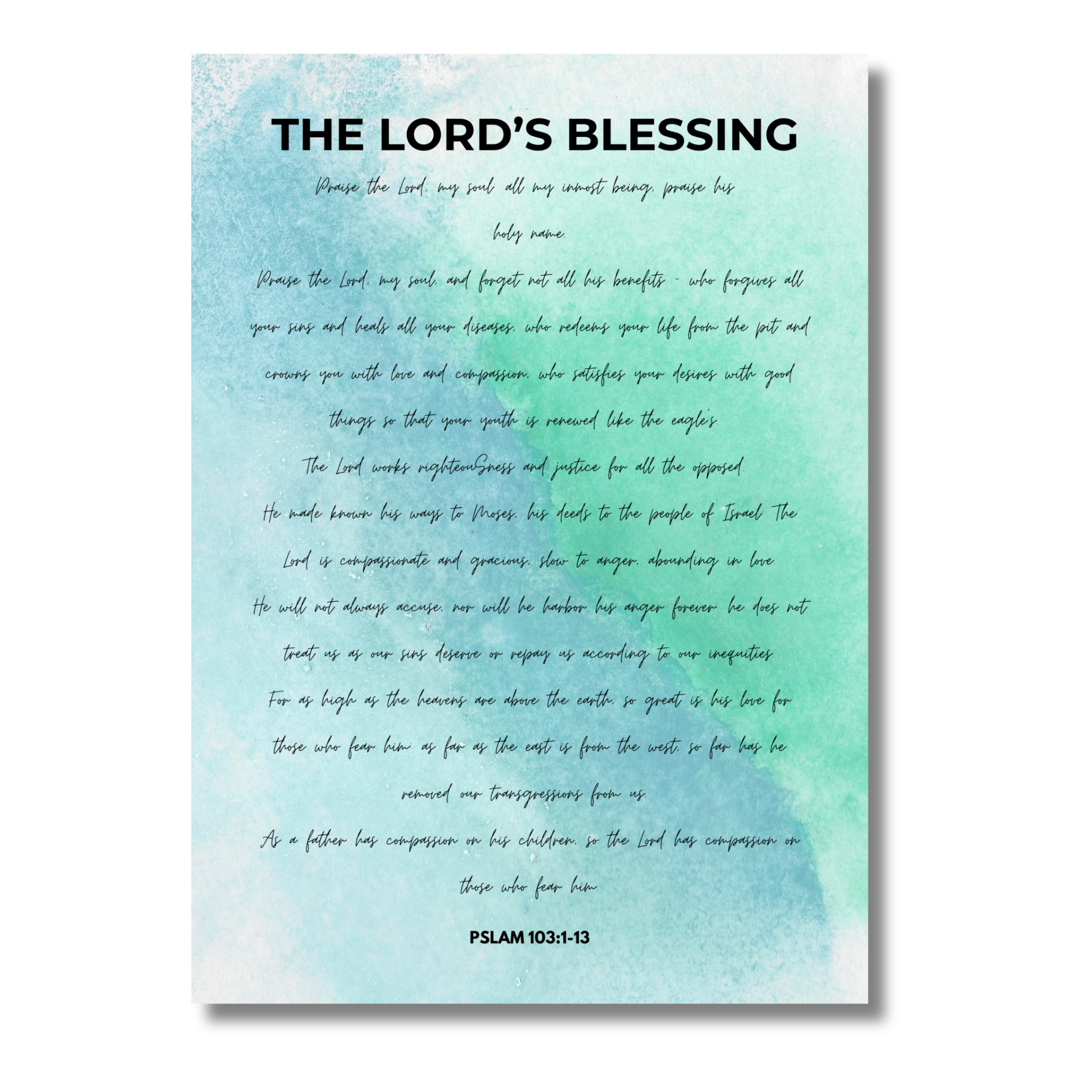 5x7 print with 'The Lord's Blessing' and black text on a light blue and green gradient background