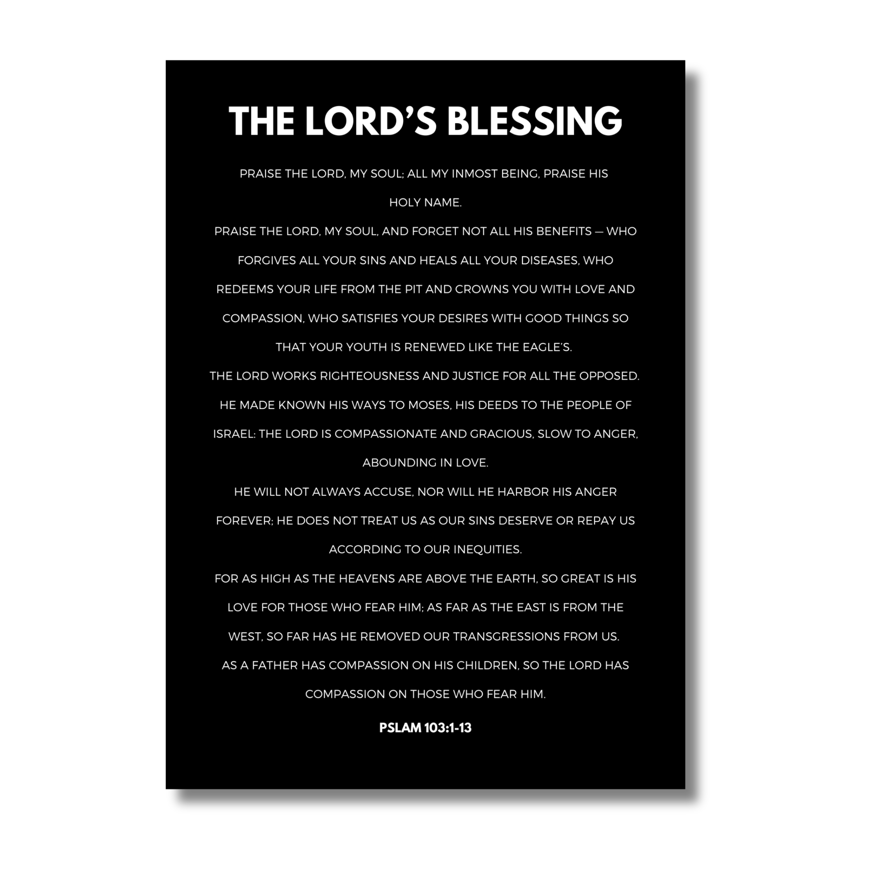 Black 5x7 print  with white text titled 'The Lord's Blessing', on a white background