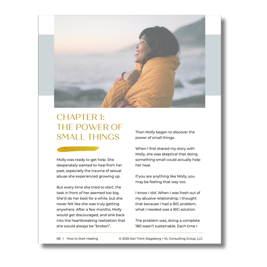 Chapter 1 preview page of How to Start Healing ebook, shows a photo of a happy woman with the chapter title and text