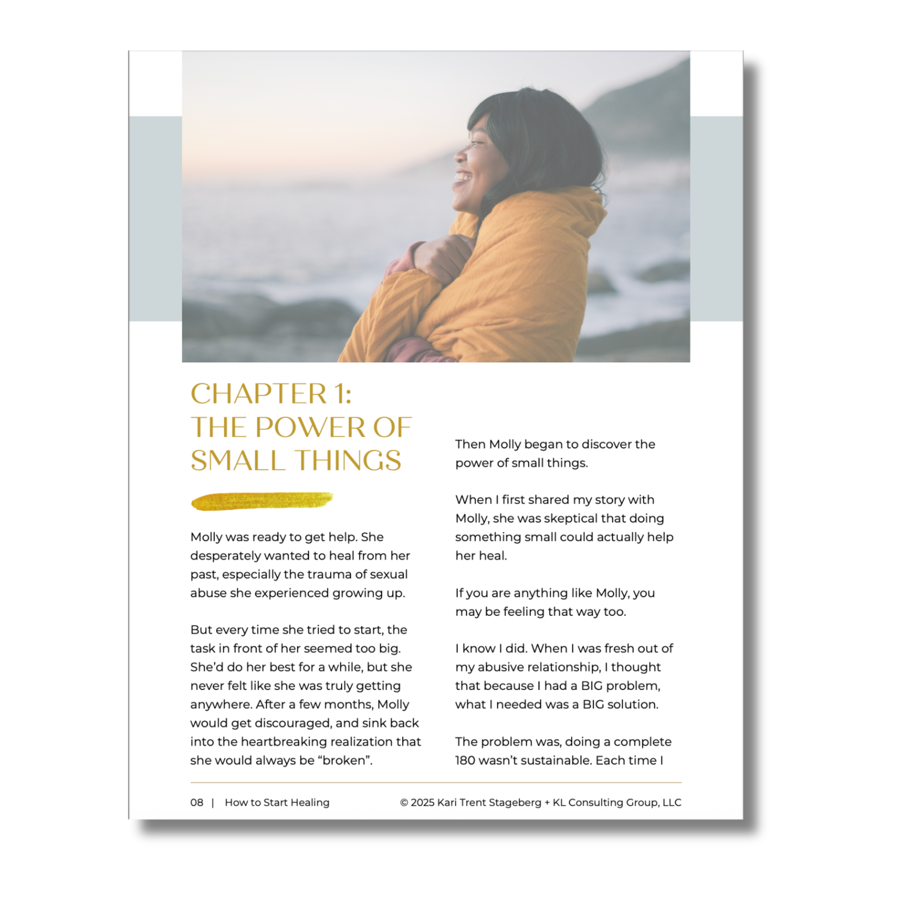 Chapter 1 preview page of How to Start Healing ebook, shows a photo of a happy woman with the chapter title and text