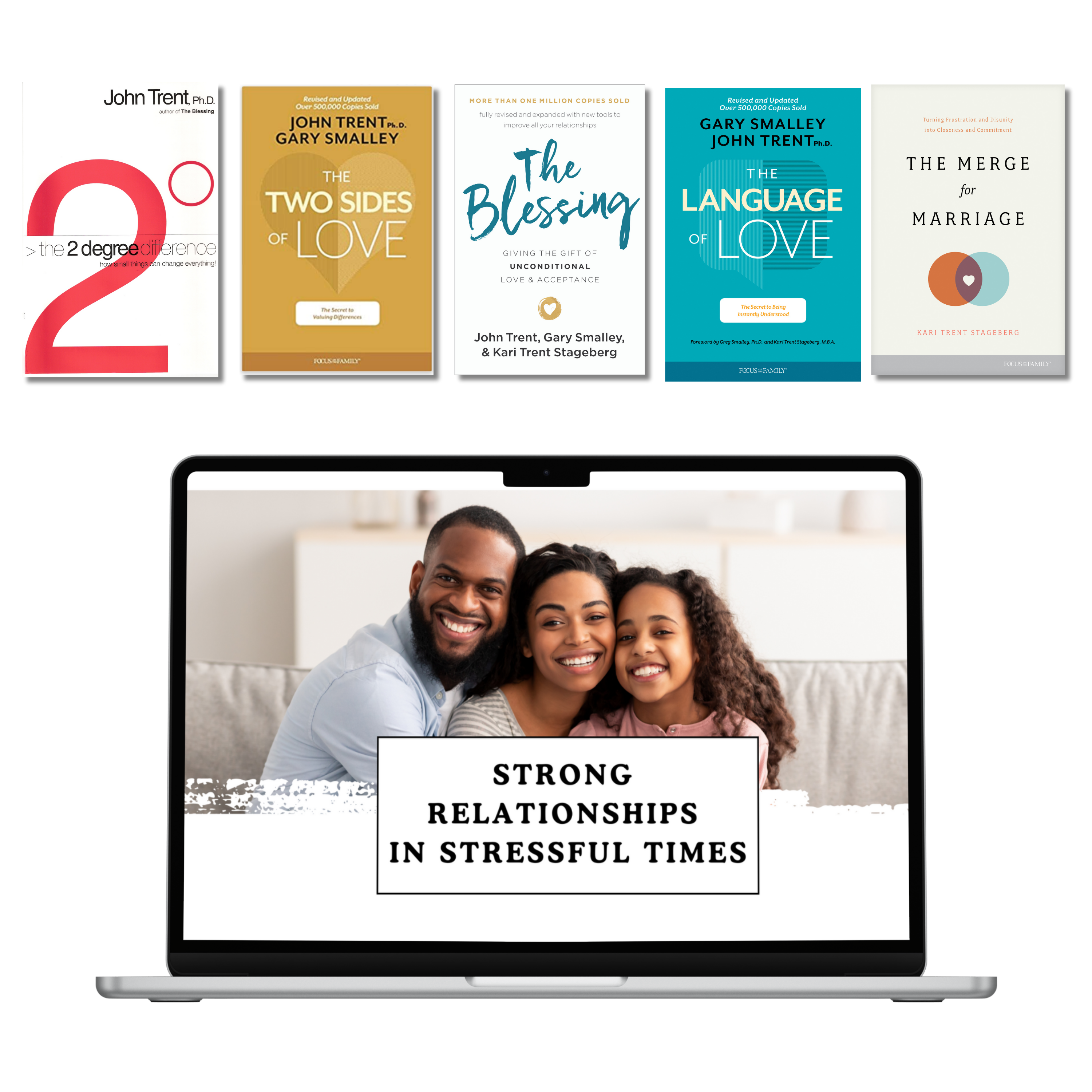 Collection of books on a white background with a laptop displaying a family and text about strong relationships.