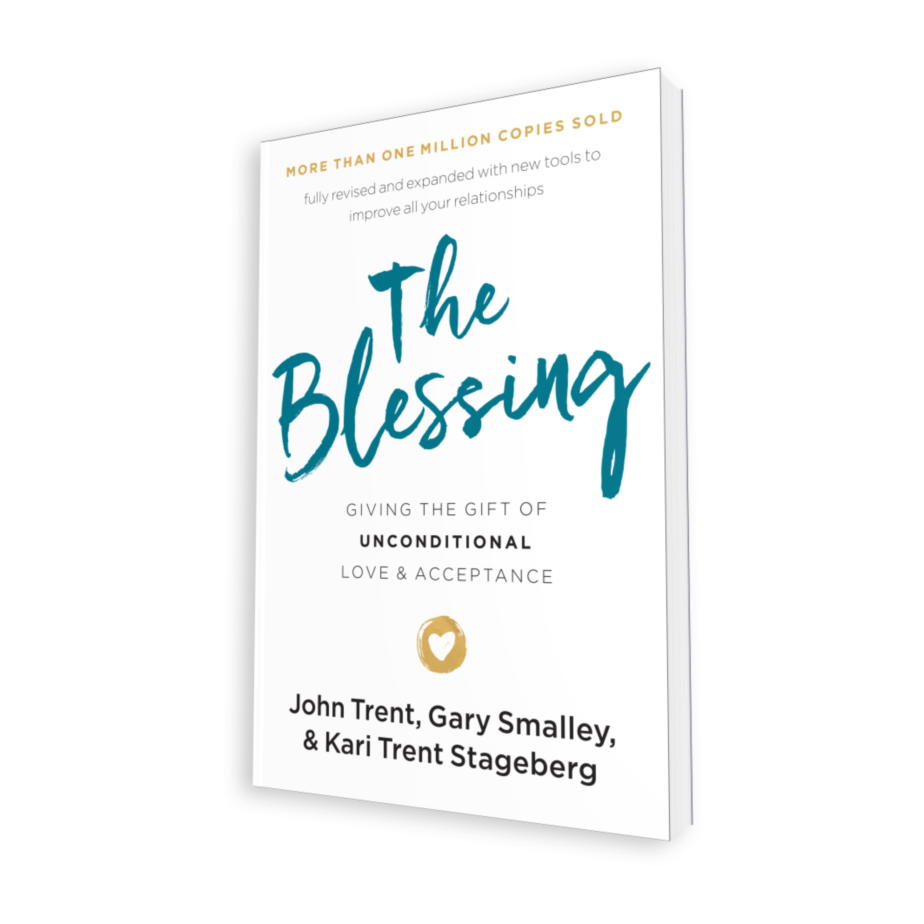 Angle view of the cover of the book The Blessing: Giving the Gift of  Unconditional Love & Acceptance by Dr. John Trent, Gary Smalley, and Kari Trent Stageberg with a white cover, blue text for the title, and a gold circle with a white heart inside of it