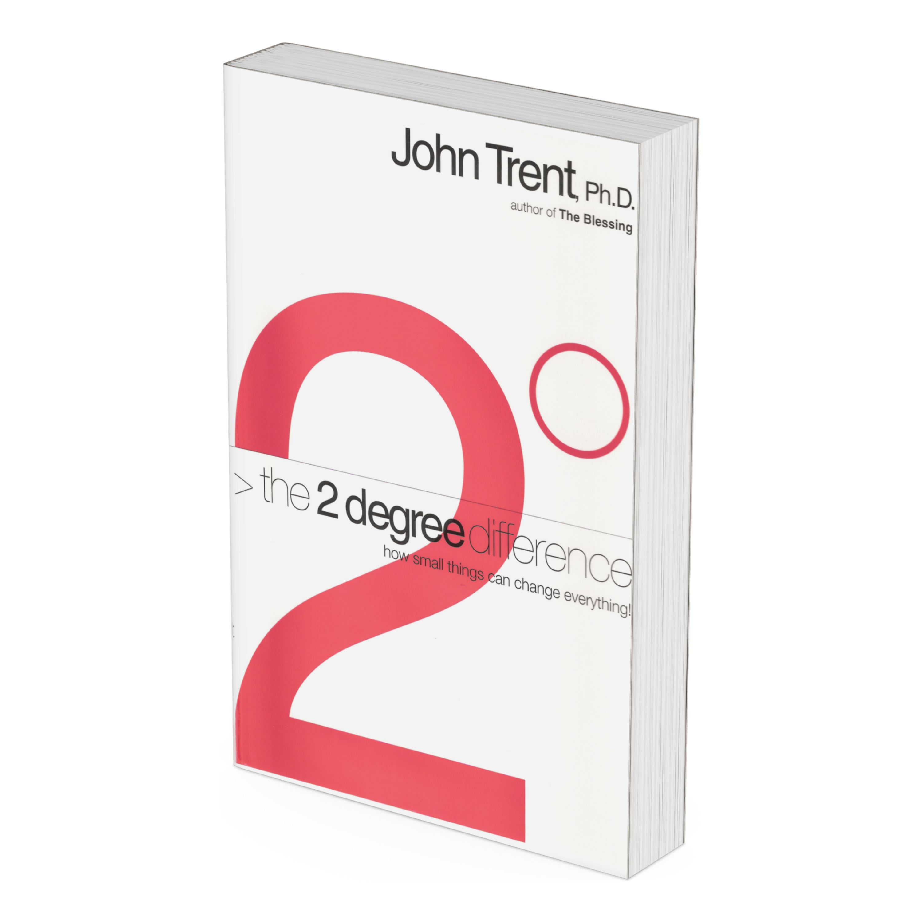 The cover of the book 'The Two Degree Difference' by John Trent, at a slight angle featuring a red and white design with the title and author's name on a white background