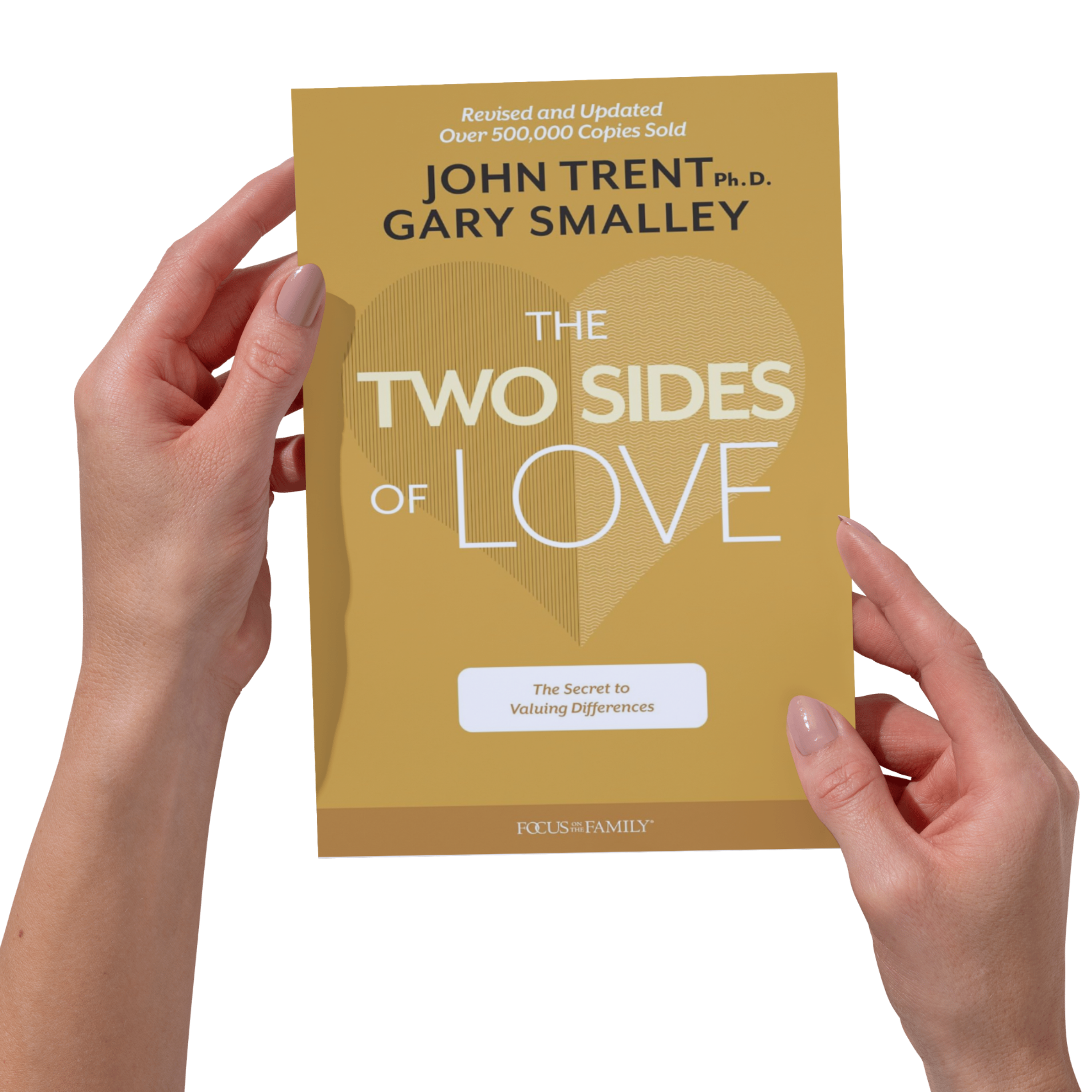 Book titled 'The Two Sides of Love' by John Trent and Gary Smalley held by hands on a white background
