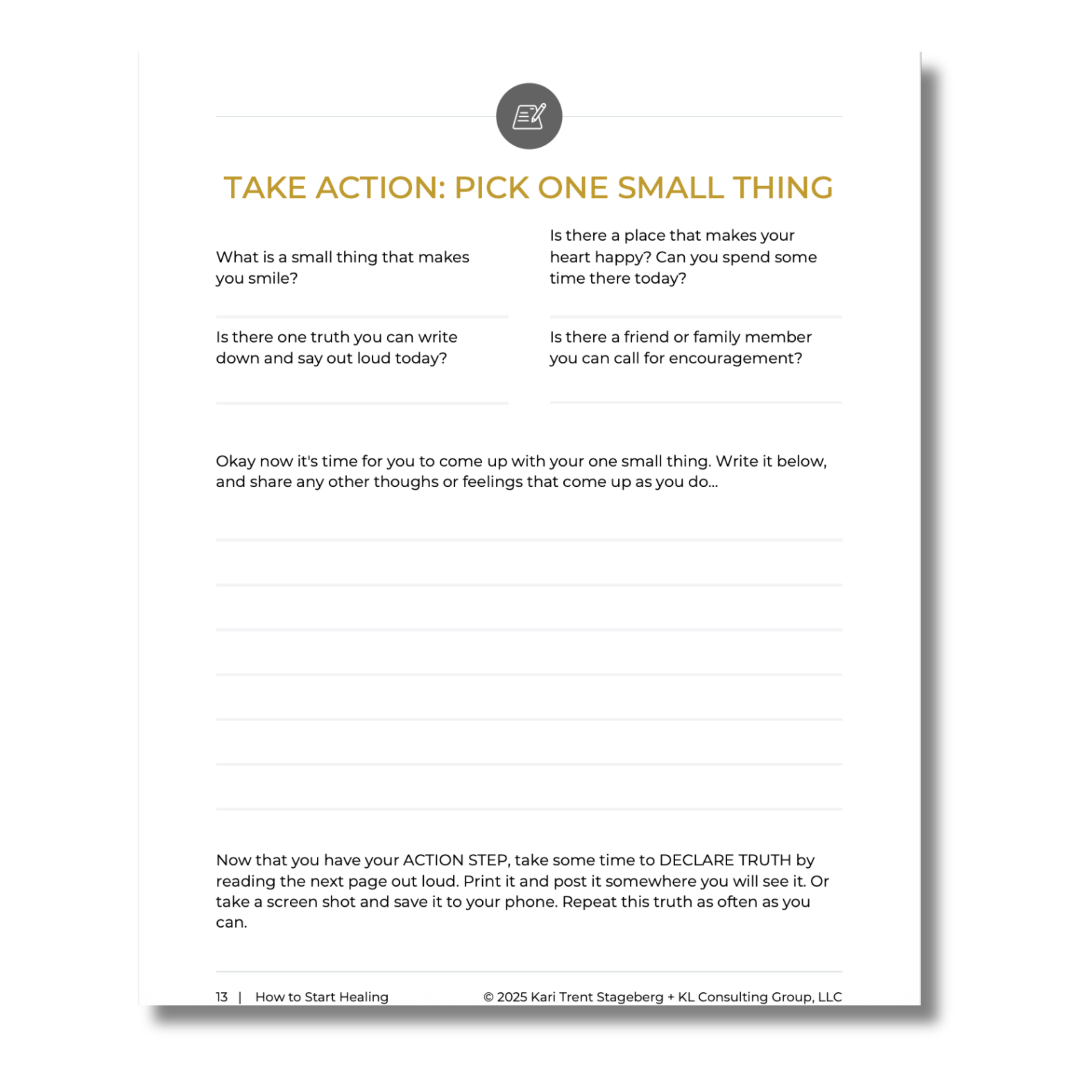 Workbook page view of How To Start Healing shows the action steps and text