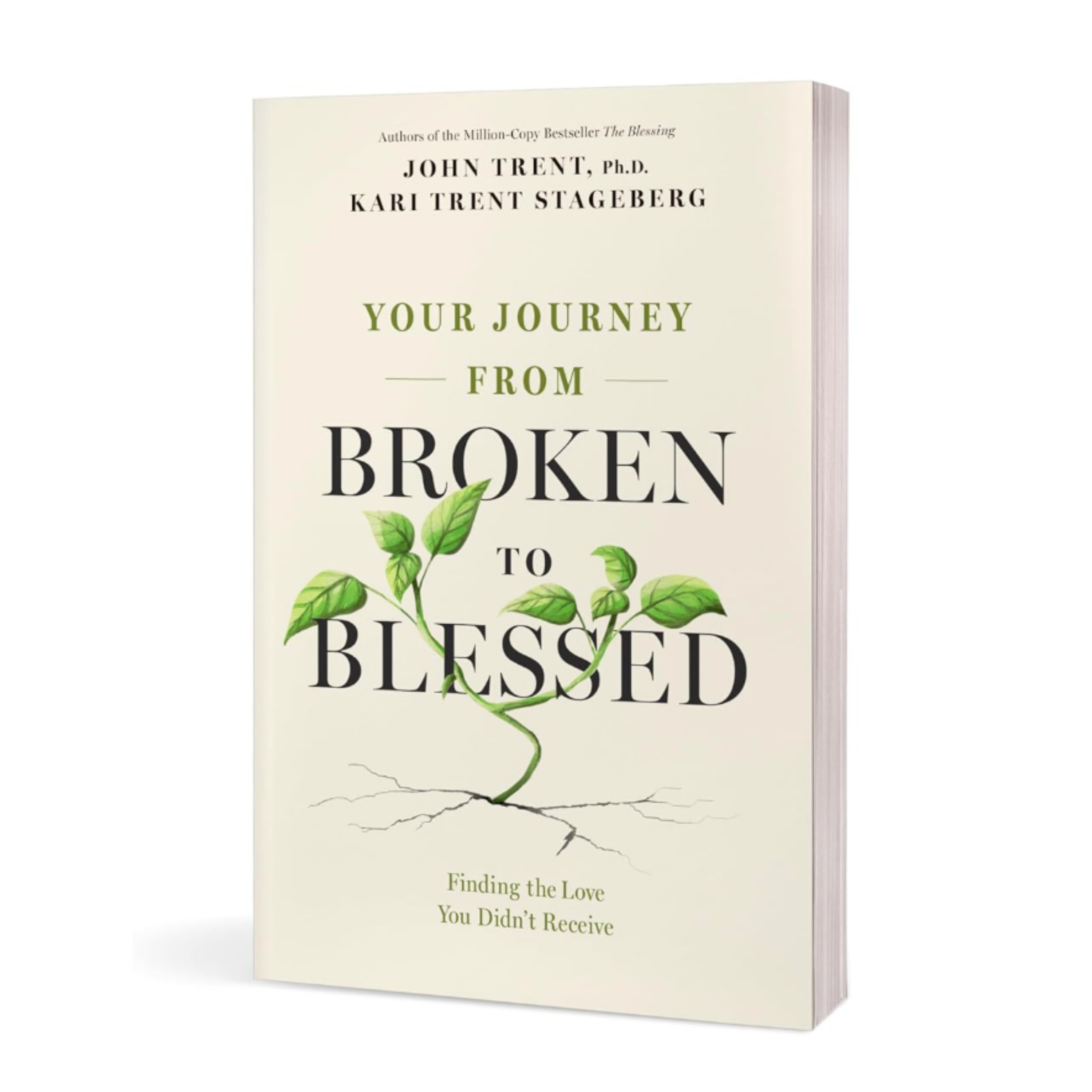 Angled view of the book cover of Your Journey From Broken To Blessed: Finding the Love You Didn't Receive by Dr. John Trent and Kari Trent Stageberg, with a tan cover and a green plant with roots growing through the words
