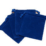 Four blue velvet drawstring bags on a white background